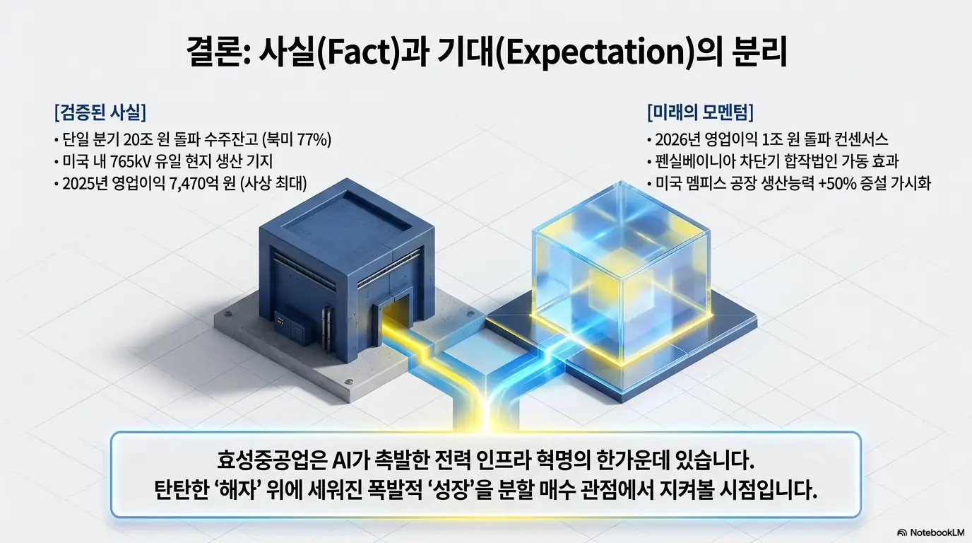 효성중공업 주가 전망을 검증된 사실과 미래의 모멘텀으로 나눠 정리한 결론 인포그래픽. 수주잔고 20조 원과 765kV 유일 생산기지, 사상 최대 실적을 사실로, 영업이익 1조 컨센서스와 펜실베이니아 차단기 합작·멤피스 증설을 기대 요인으로 구분해 분할 매수 관점을 설명함.