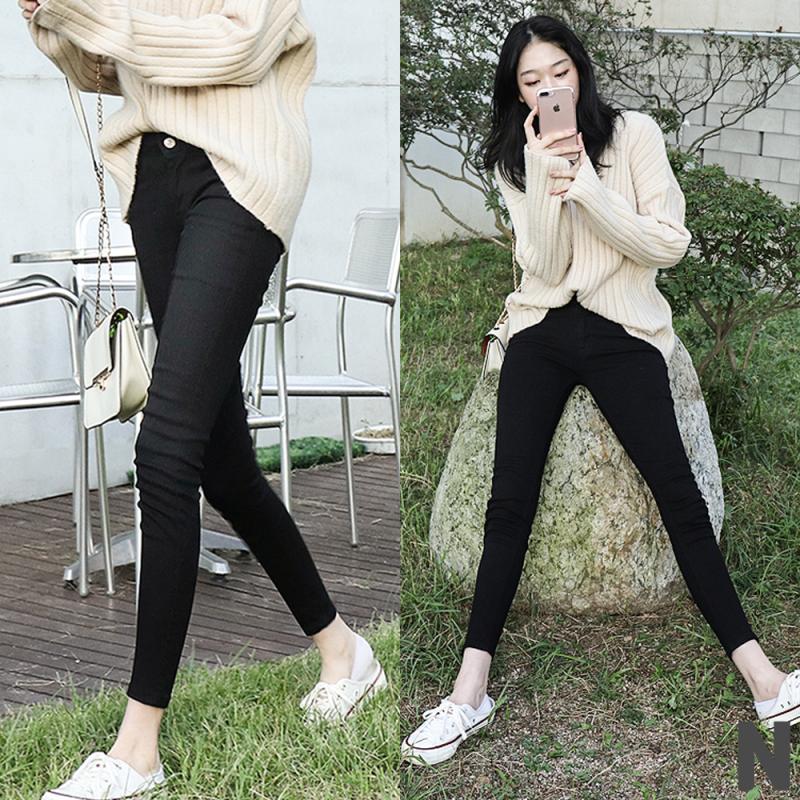 기모 스키니진 팬츠 여자 여성 블랙진 바지 9부 겨울 스판 스키니 청바지