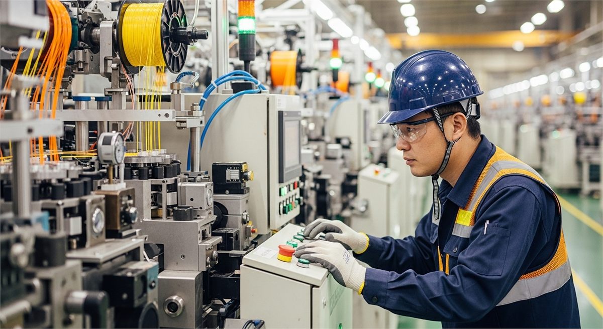 광케이블 생산라인을 점검하는 현장 작업자 모습 