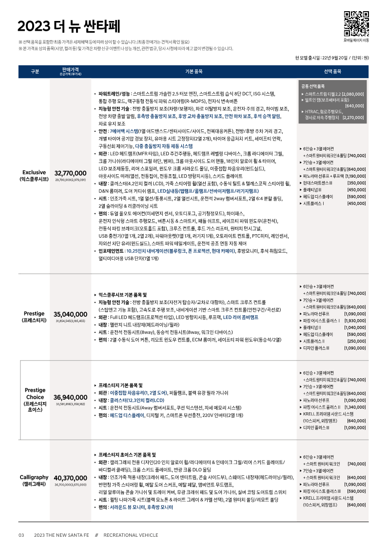 23년형 더 뉴 싼타페 2.5 가솔리 가격표1