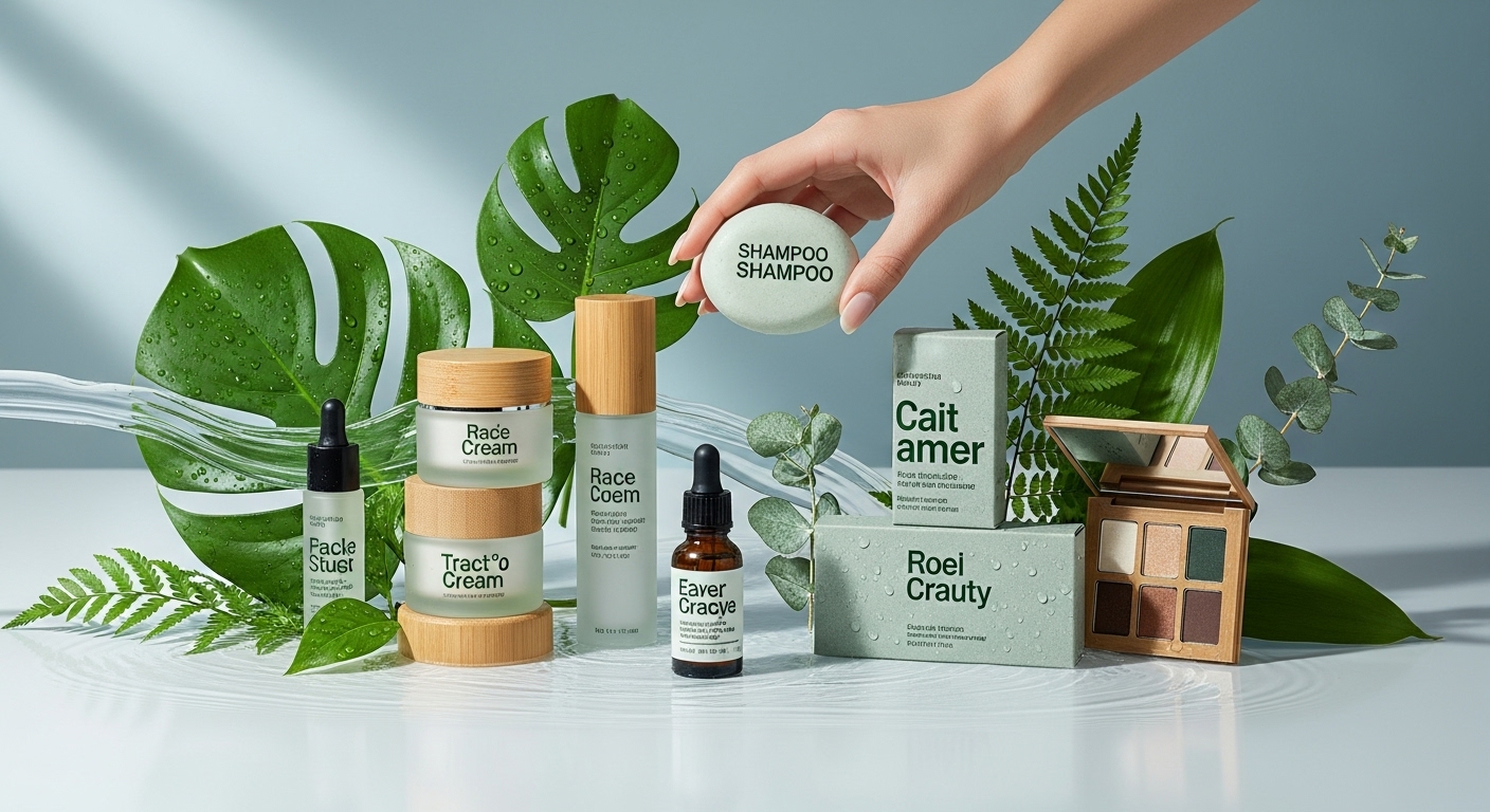 재활용 용기, 리필 가능한 제품, 워터리스 제형 등 지속 가능한 뷰티 제품들이 자연과 어우러진 모습. 친환경적이고 윤리적인 뷰티 트렌드를 강조합니다.