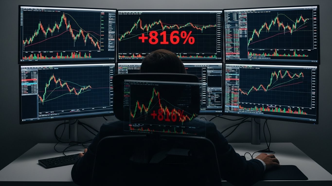 Back view of a professional trader focusing on trading points with complex stock charts on multiple monitors. A large red number '+816%' is displayed on one of the screens.