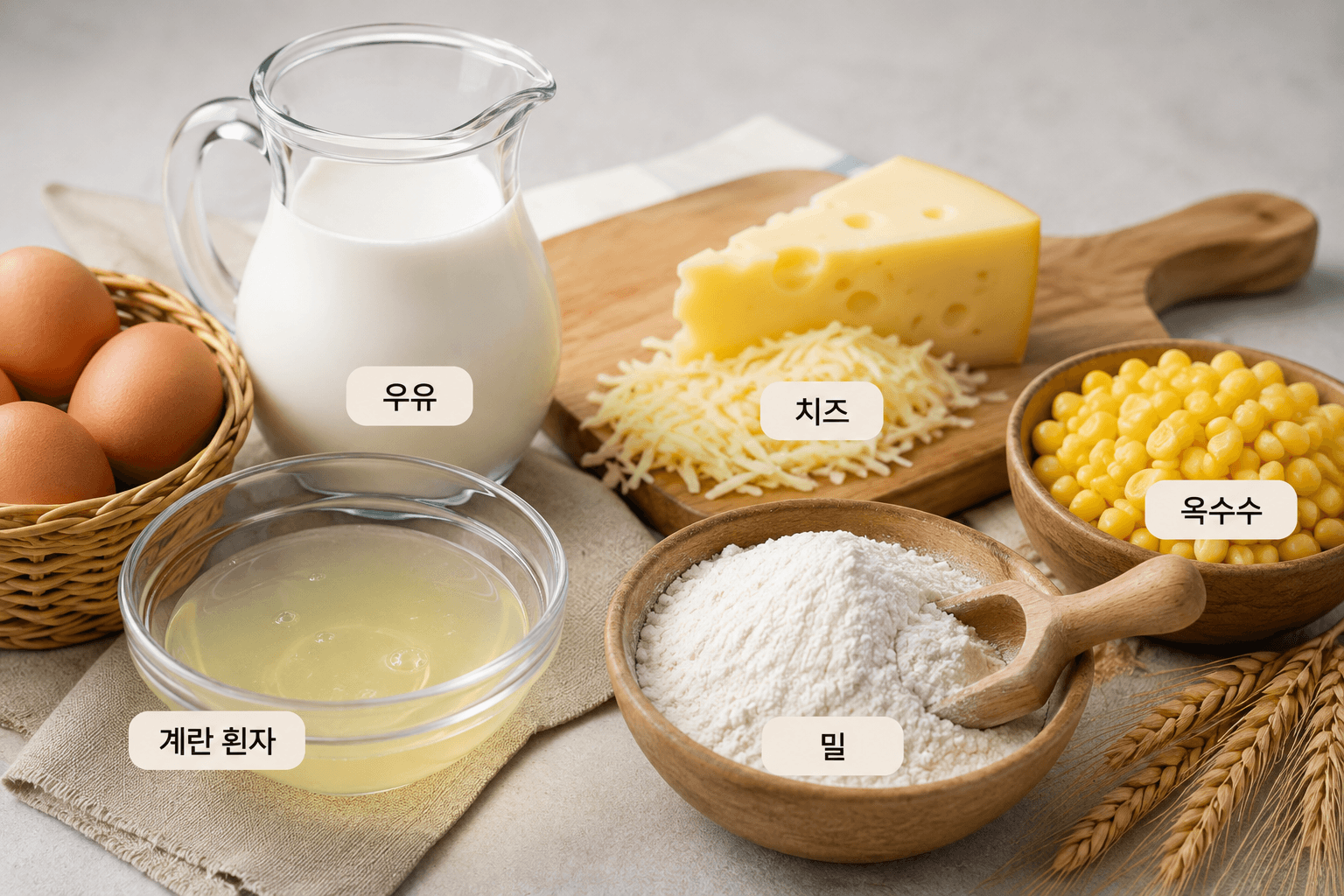 계란 흰자와 우유, 치즈, 옥수수, 밀