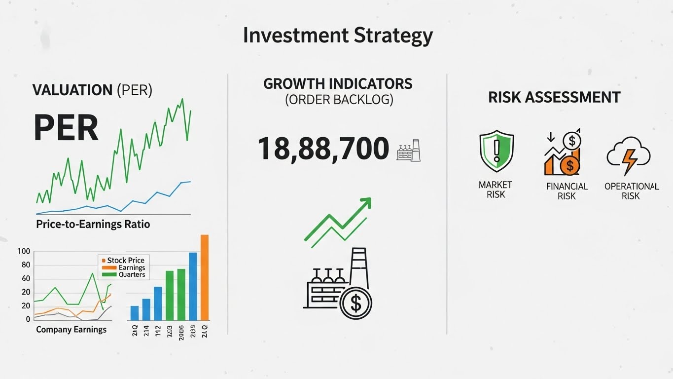 Investment strategy infographic with PER valuation, order backlog, and risk icons.