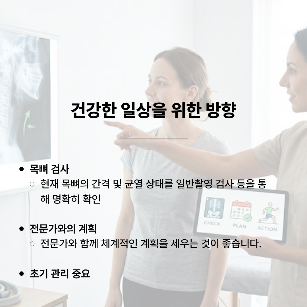 환자에게 엑스레이 화면과 체크, 플랜, 액션 아이콘이 띄워진 태블릿을 보여주며 진료 방향을 설명하는 의료진의 모습. '건강한 일상을 위한 방향'이라는 제목과 함께 일반촬영 검사를 통한 목뼈 간격 및 균열 상태 확인, 전문가와의 체계적인 계획 수립, 초기 관리의 중요성을 강조하는 내용이 적혀 있습니다.