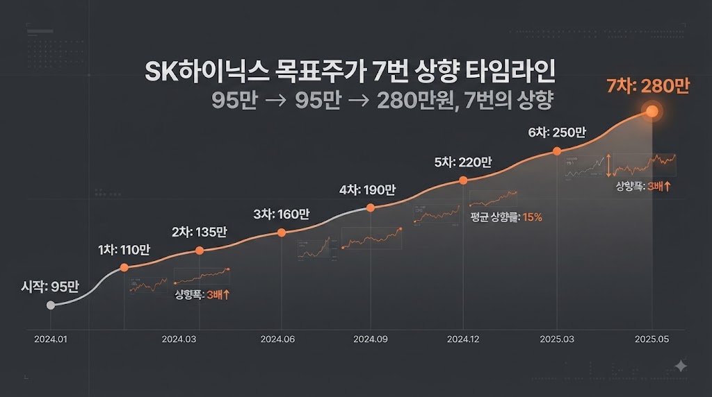 SK하이닉스 목표주가 7번 상향 타임라인을 보여주는 데이터 인포그래픽
