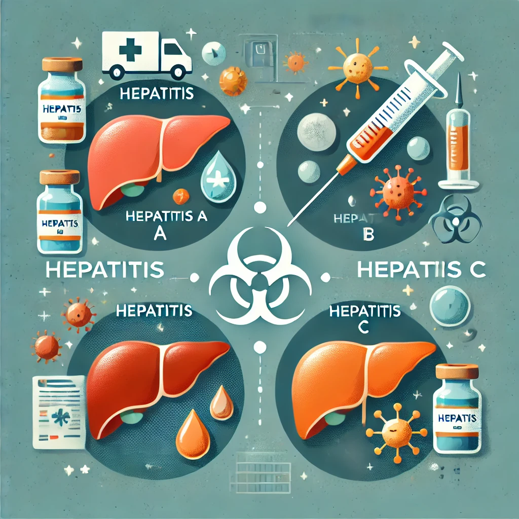 간염 종류 (A형, B형, C형)와 예방접종을 표현하는 이미지