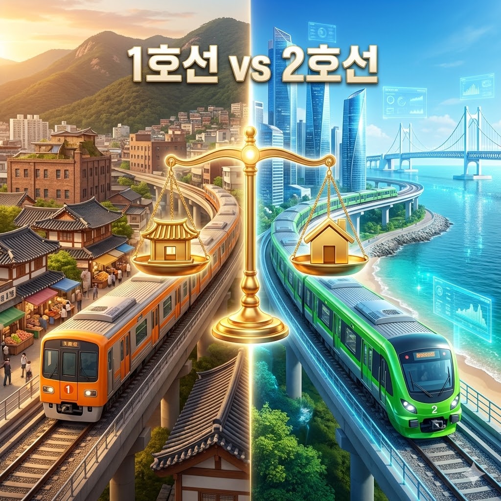 부산 지하철 1호선과 2호선의 특징을 비교하는 일러스트, 좌측은 전통 도심 1호선 우측은 해운대 마린시티 2호선