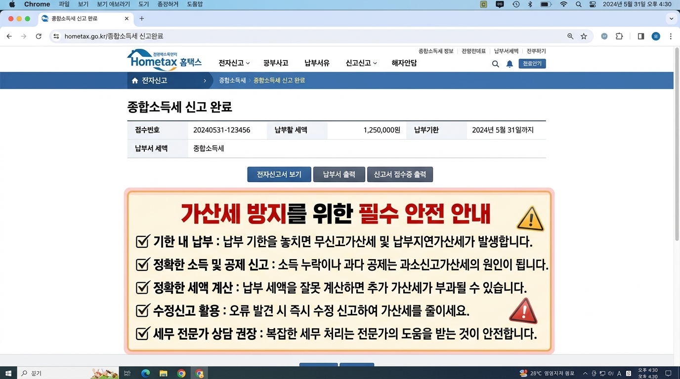 홈택스를 통한 종합소득세 최종 신고 완료 화면과 가산세를 예방하는 안전 가이드 이미지