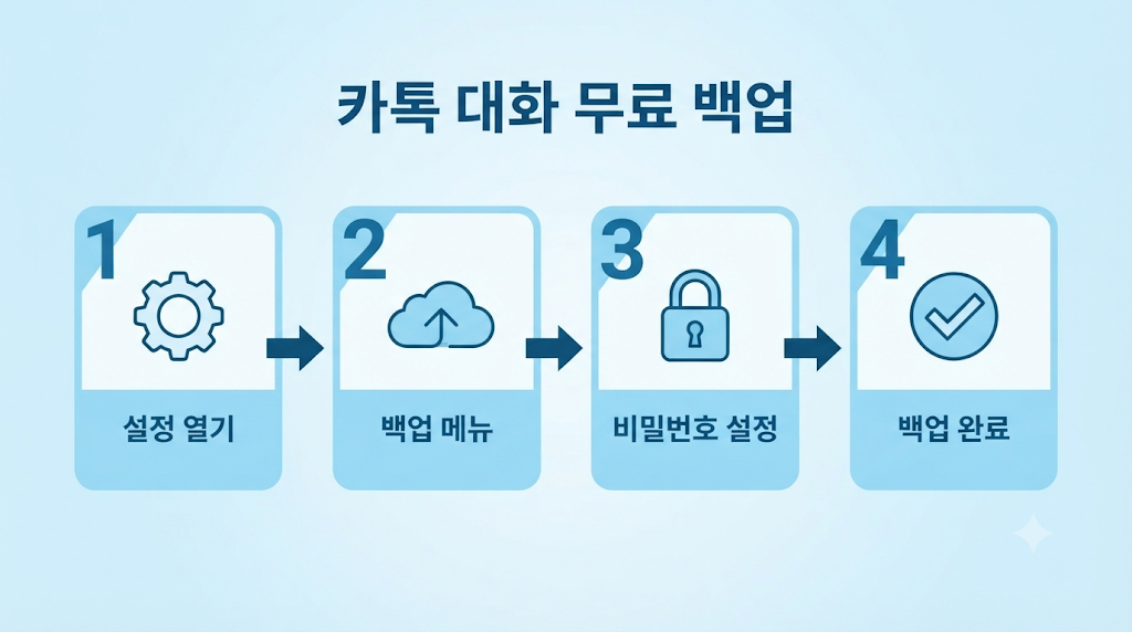 카카오톡 대화 무료 백업 4단계: 설정 열기, 백업 메뉴, 비밀번호 설정, 백업 완료