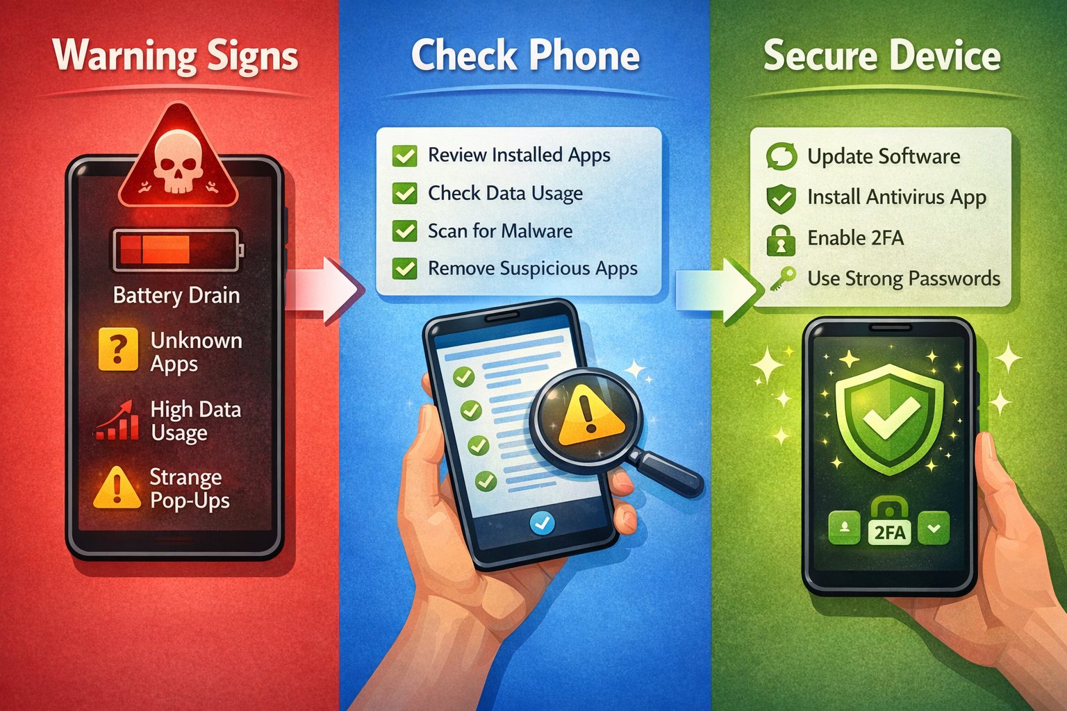 스마트폰 해킹 의심 증상 (배터리 소모, 앱 설치, 링크 클릭)