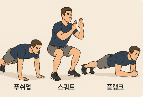 왼쪽부터 차례대로 푸쉬업, 스쿼트, 플랭크 동작을 정확한 폼으로 수행하는 남성의 모습