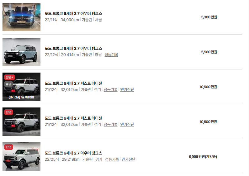 포드 브롱코 중고차 가격 시세표 유지비