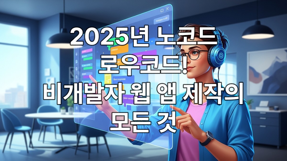 2025년 비개발자가 노코드 플랫폼을 활용하여 복잡한 웹 앱을 손쉽게 만드는 모습, 직관적인 드래그 앤 드롭 인터페이스가 돋보이는 디지털 작업 환경.