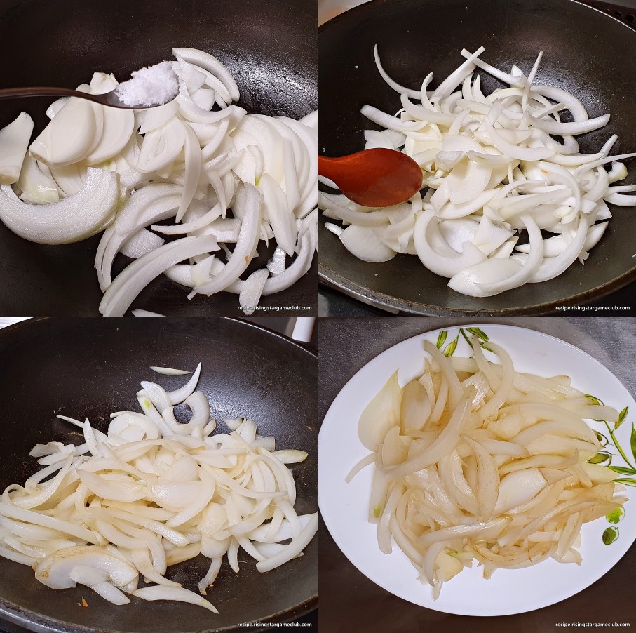 잡채에 들어갈 양파에 소금&#44; 식용유를 넣고 볶아서 접시에 담아낸 사진