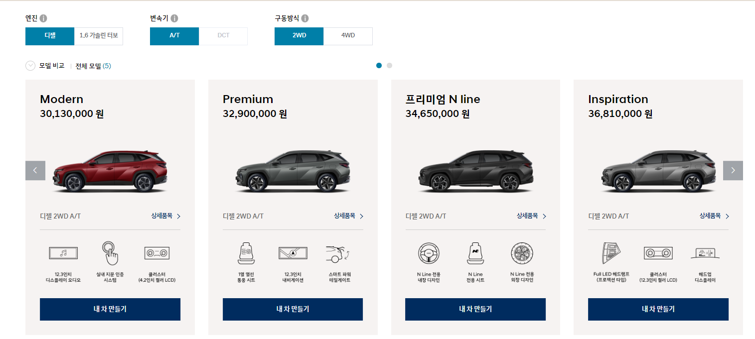 현대자동차 신차가격표 투싼 트림