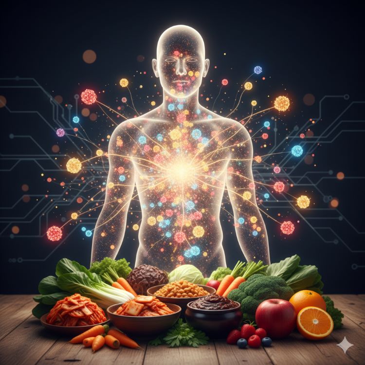 투명한 인체 형상 안에 다양한 색깔의 효소 분자들이 빛나며 활동하고 있고, 효소가 면역세포를 활성화시키는 모습을 화살표와 에너지 라인으로 표현. 주변에는 김치, 된장, 신선한 채소와 과일들이 배치되어 있으며, 전체적으로 생명력과 활력이 넘치는 과학적이면서도 자연친화적인 이미지