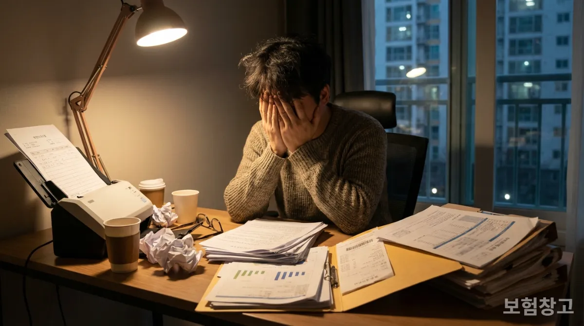 복잡한 서류에 둘러싸여 실손보험 청구를 어려워하는 한국 남성
