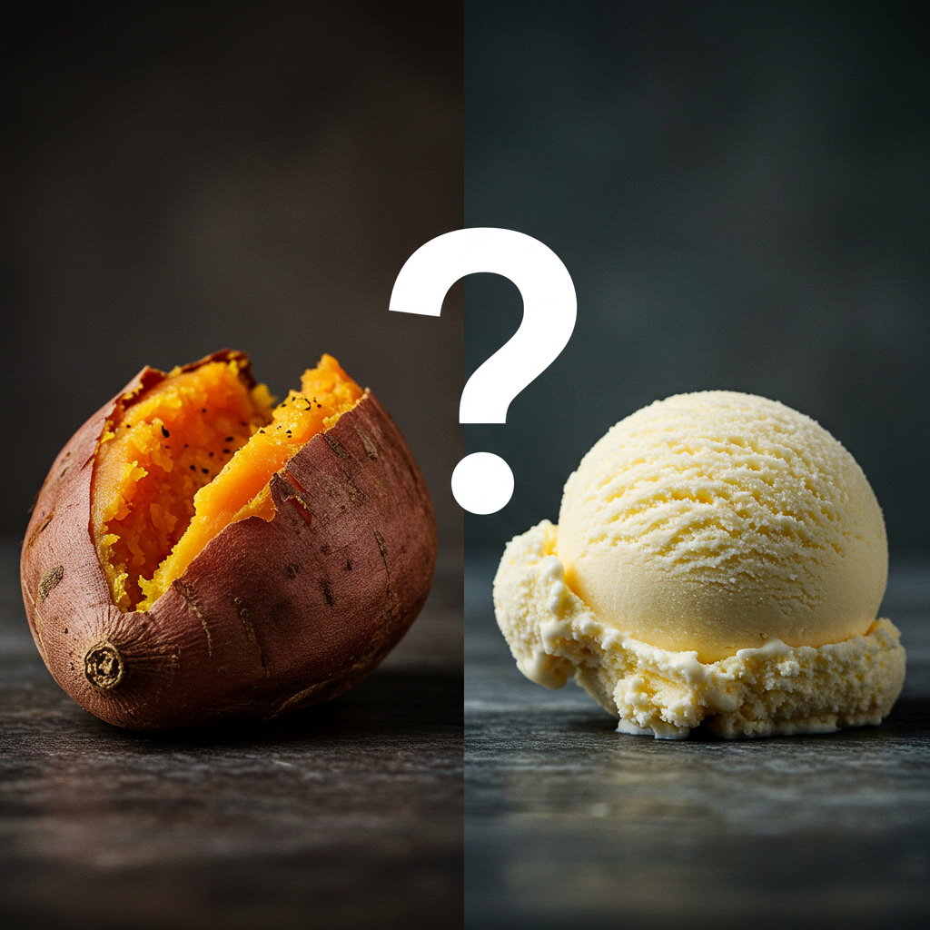 혈당 지수(GI)의 함정을 보여주기 위해 나란히 놓인 구운 고구마와 아이스크림, 그리고 그 사이의 물음표