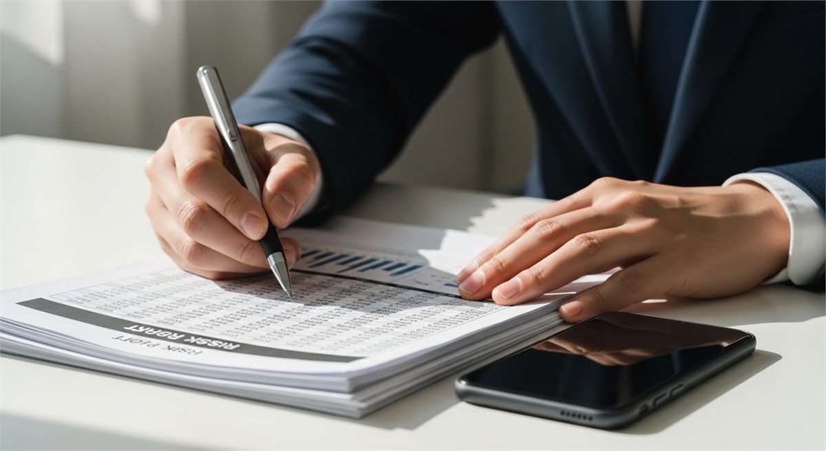 투자자가 리스크 항목을 펜으로 짚으며 점검하는 서류 검토 장면 