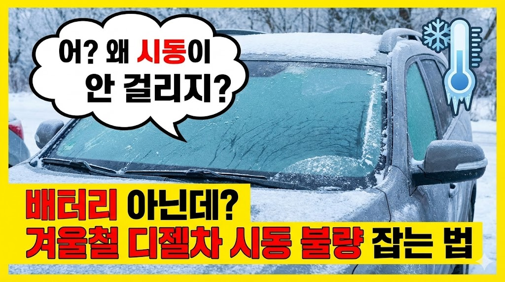눈 덮인 자동차와 얼어붙은 앞유리 배경으로 겨울철의 혹독함을 표현했습니다. "어? 왜 시동이 안 걸리지?"라는 말풍선 카피로 운전자의 당황스러운 마음을 대변하고, "배터리 아닌데?"라는 서브 카피로 기존의 상식을 깨는 새로운 정보를 예고하여 클릭을 유도합니다.