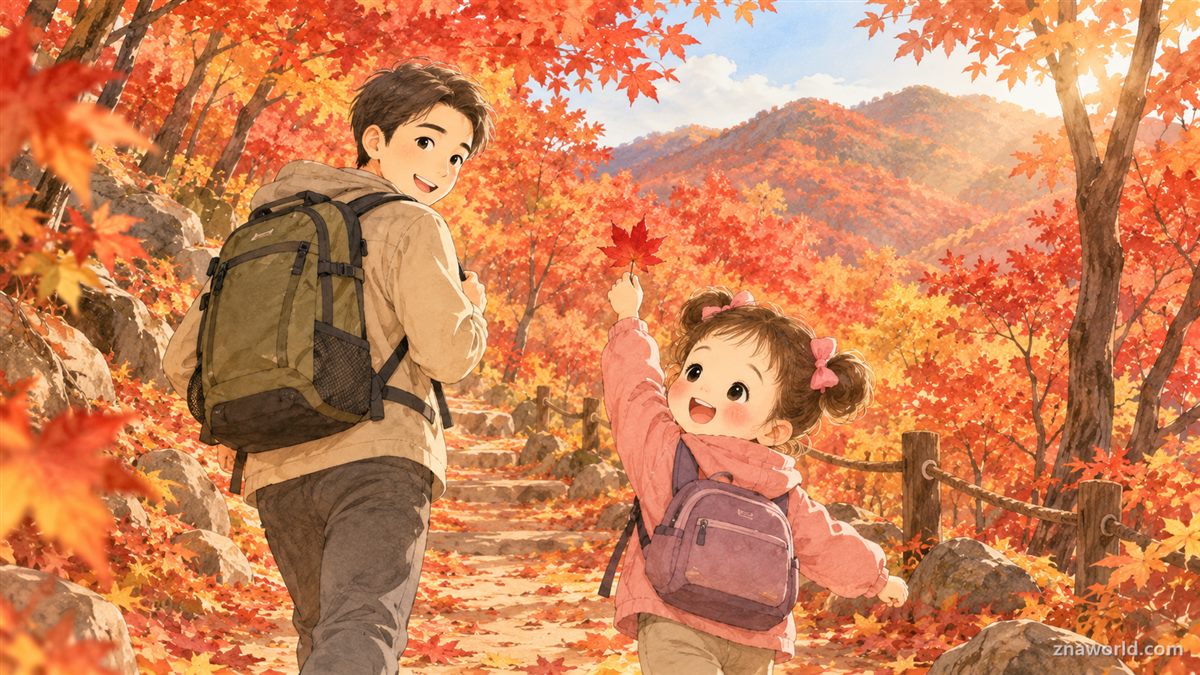 단풍 절정 시기에 맞춰 붉은 산길을 걷는 아빠와 아이