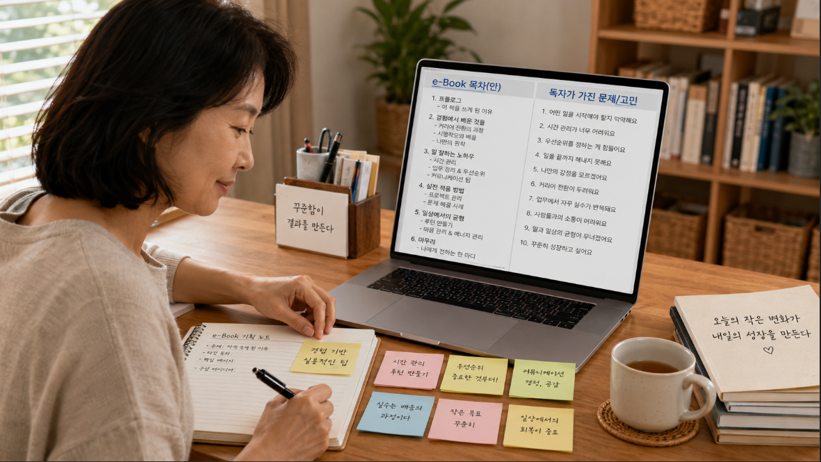 중장년이 자신의 경험을 전자책 주제와 목차로 정리하는 장면