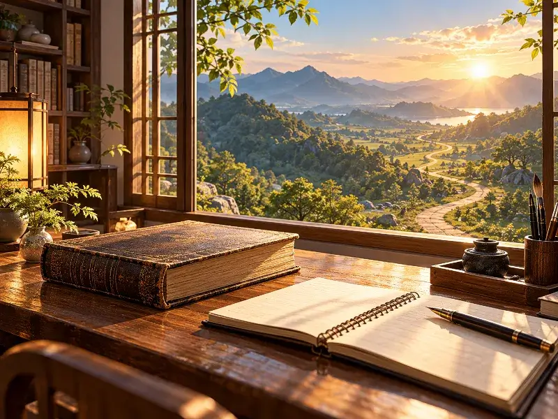 An old textbook and an open study notebook on a wooden desk in a peaceful study, with warm sunlight illuminating a winding path through the green mountains outside the window