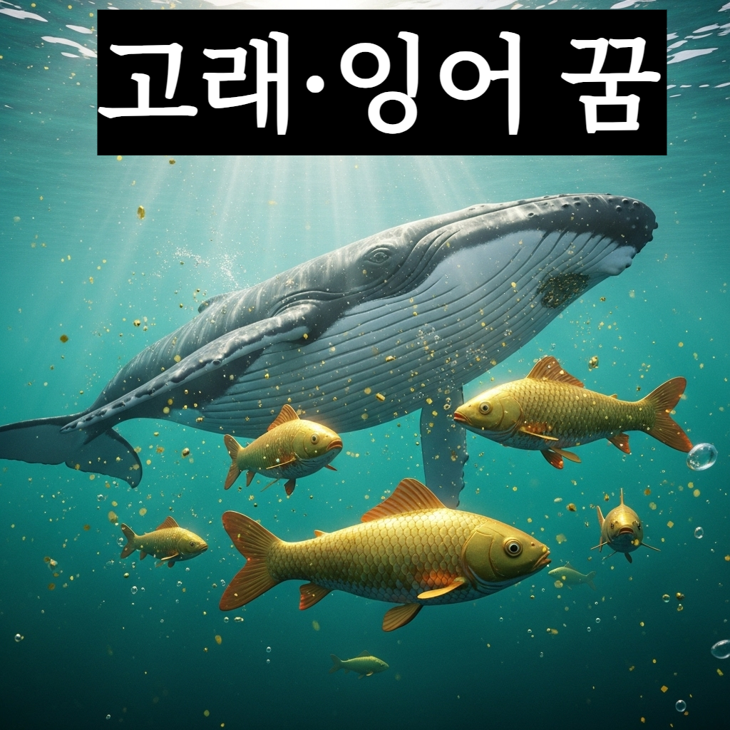 수정처럼 맑은 에메랄드빛 바다 속에서 거대한 고래와 황금빛 잉어 무리가 신비로운 서광을 내뿜으며 헤엄치는 초현실적인 일러스트