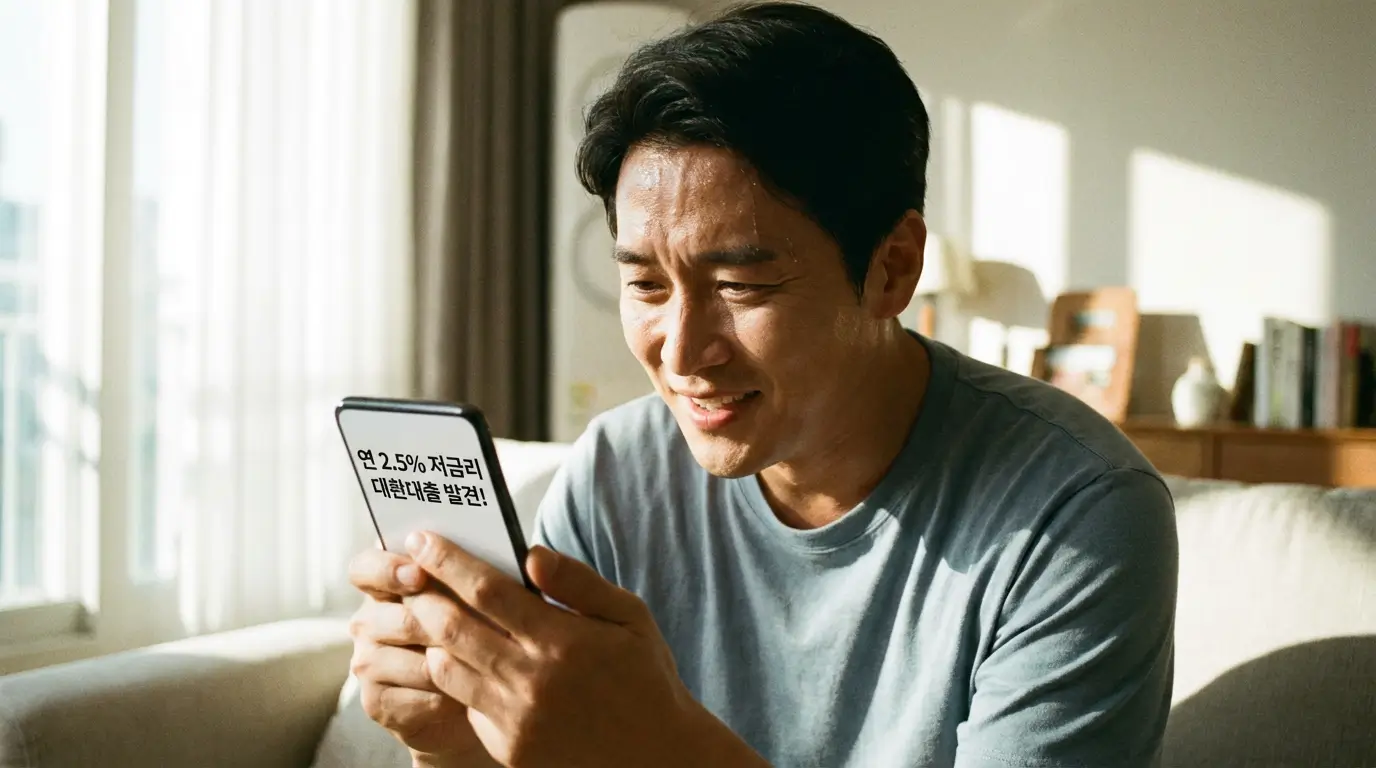 높은 이자율로 고민하던 사람이 스마트폰 검색을 통해 저금리 대출 상품을 발견하고 안도하는 모습