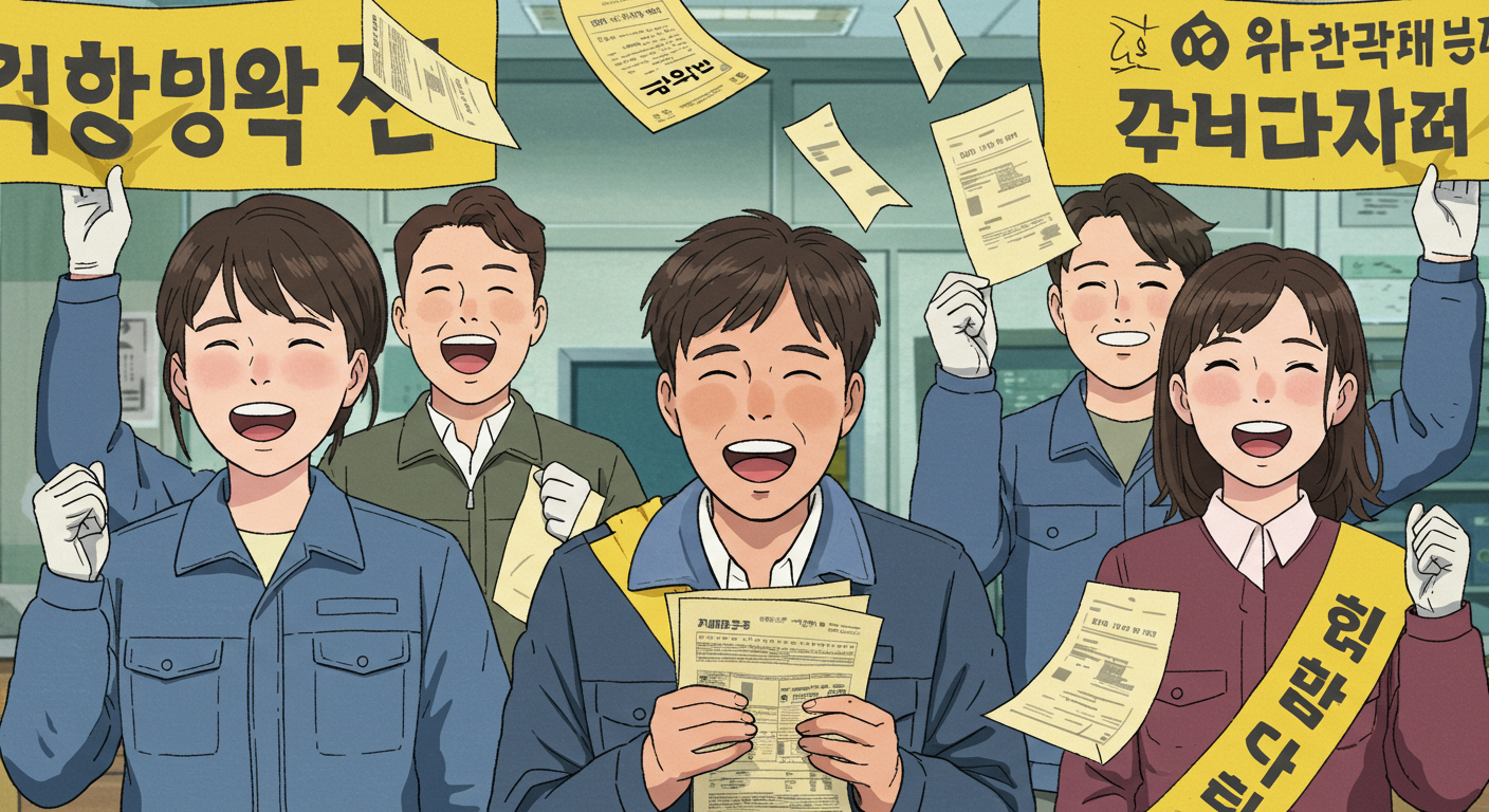 청년과 노동자들이 권리 회복을 환영하는 장면