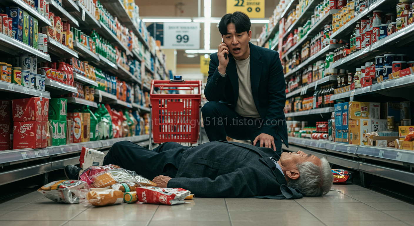마트에서 쓰러진 노인을 발견하고 다급히 구조 요청을 하는 청년