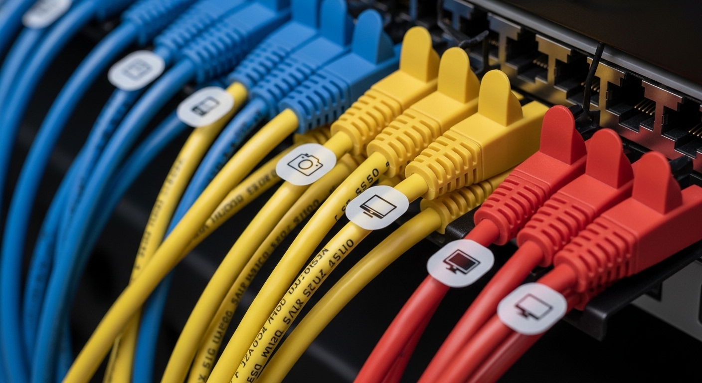 여러 색상의 이더넷 케이블이 깔끔하게 정리된 서버 랙, 효율적인 네트워크 관리를 시각적으로 보여주는 이미지.