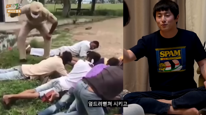 인도 경찰들이 시민들을 엎드려뻗쳐시키고 때리면서 훈육