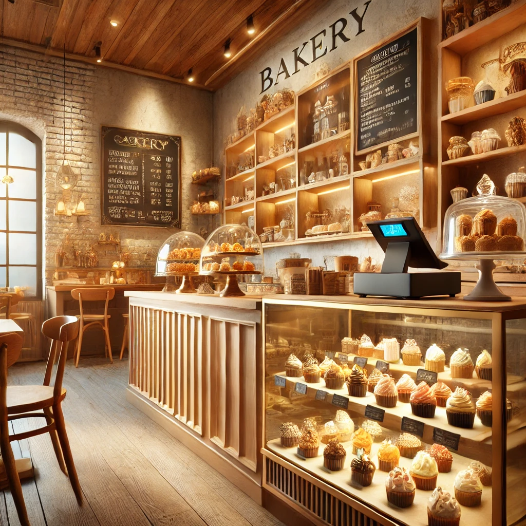 맛있는 컵케이크와 다양한 페이스트리가 전시되어 있는 공간
