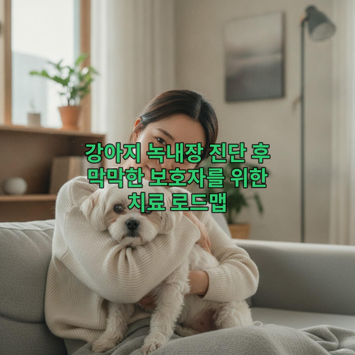 따뜻한 햇살이 드는 거실에서 노령견을 다정하게 안고 있는 한국인 여성 보호자. 녹내장 진단 후에도 반려견과 함께 희망을 찾아가는 보호자의 사랑과 헌신을 상징합니다.