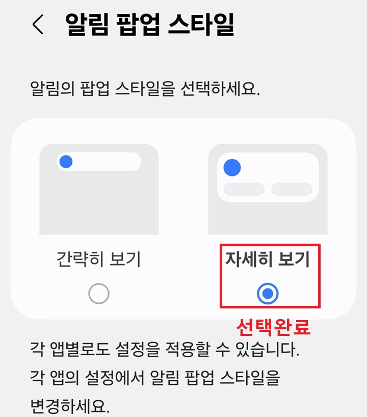 알림 팝업 스타일 페이지에 자세히 보기에 선택되어있음