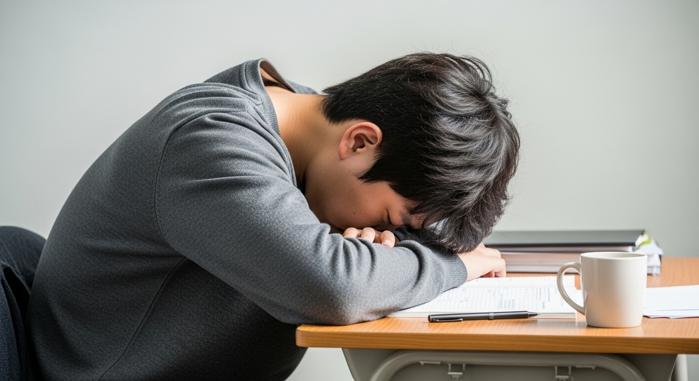책상에 앉아 피곤한 듯 엎드린 청년