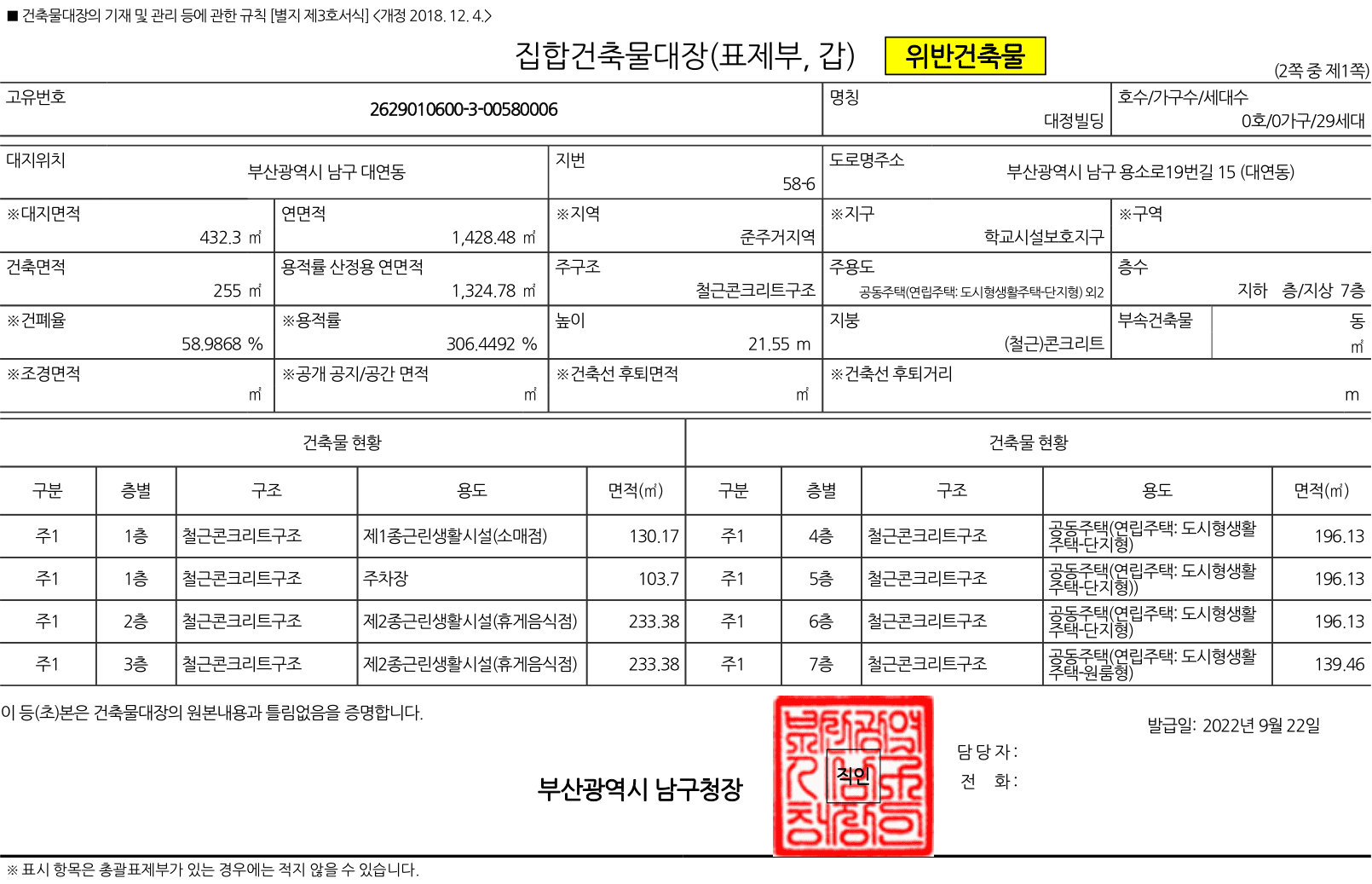 위반인 집합건축물대장의 표제부