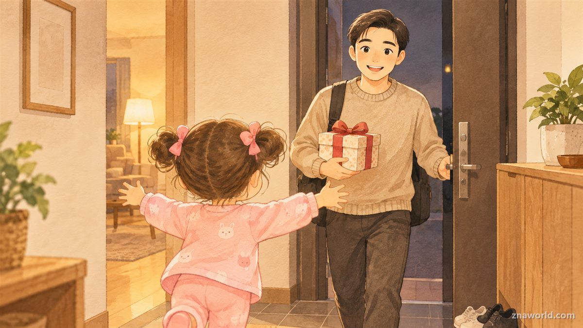 추석 당일 근무를 마치고 선물을 들고 퇴근한 아빠를 맞는 아이