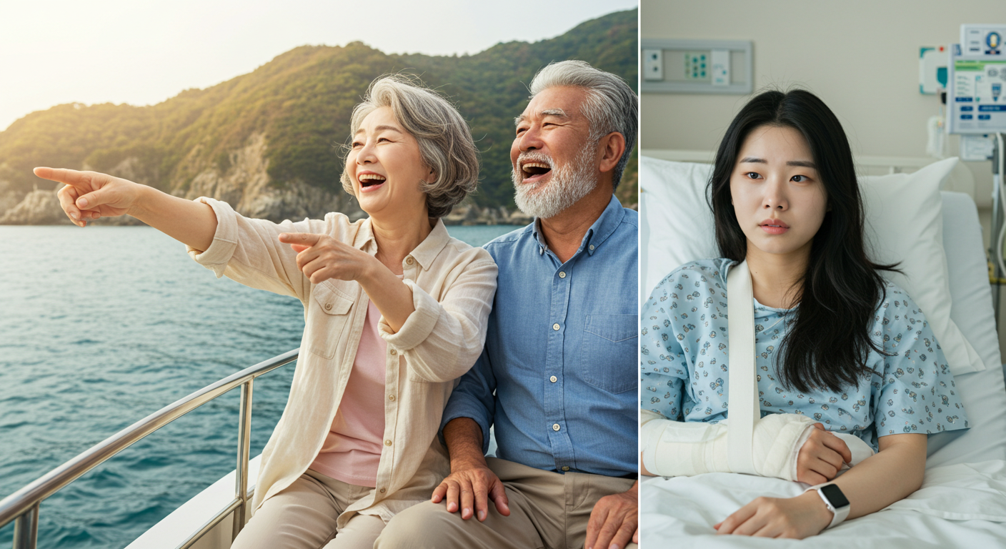 활동적인 노년층 부부와 팔에 깁스를 한 여성을 대비시켜 여행자 보험 가입 시 연령 및 건강 상태의 중요성을 나타냄.