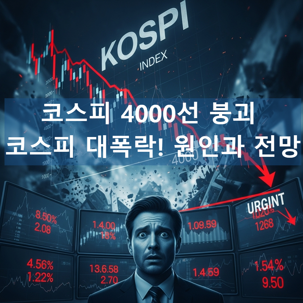 오늘 2025년 11월 5일, 코스피 4000선 붕괴와 삼성전자 '10만전자'가 무너진 국내 주식 시장의 급락 상황을 보여주는 긴장감 넘치는 거래소 전경.