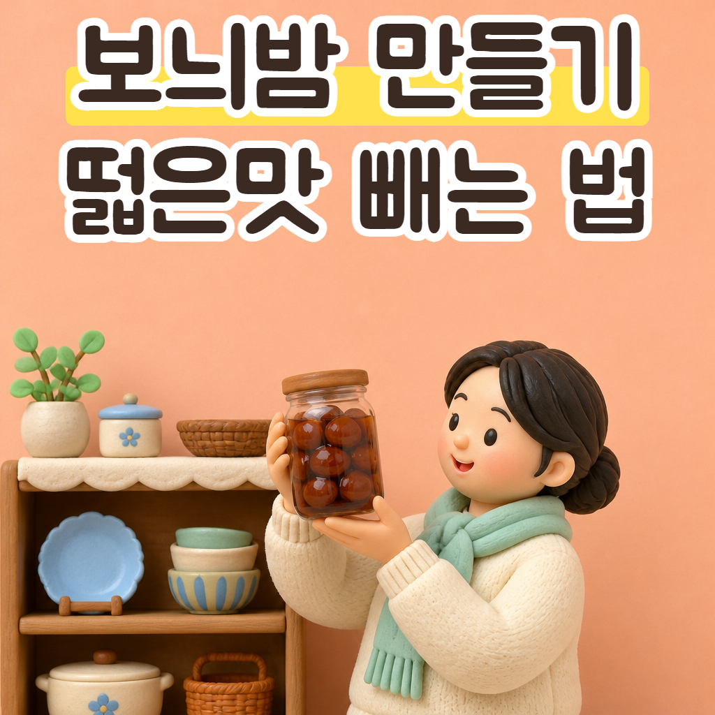 주방 오픈 선반 앞에서 보늬밤조림 유리병을 들어 보이는 성글이