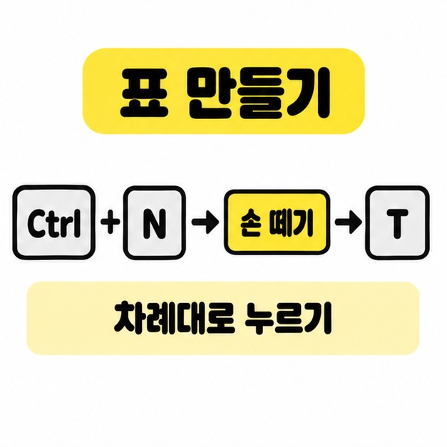 표 만들기를 위해 Ctrl과 N을 함께 누른 뒤 손을 떼고 T를 차례대로 누르는 흐름.