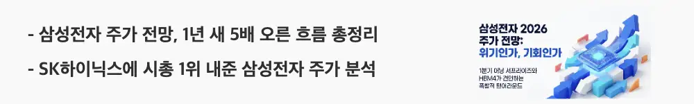 '삼성전자 주가 전망, 1년 새 5배 오른 흐름 총정리'라는 문구가 포함된 웹배너 이미지. 이 이미지는 삼성전자가 SK하이닉스에 코스피 시총 1위를 내준 상황과 1년 주가 흐름을 시각적으로 전달하며, 블로그의 삼성전자 주가 전망 주제와 관련된 내용을 설명함