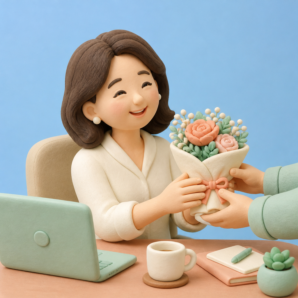 사무실 책상에서 꽃다발을 받고 웃는 40대 여성