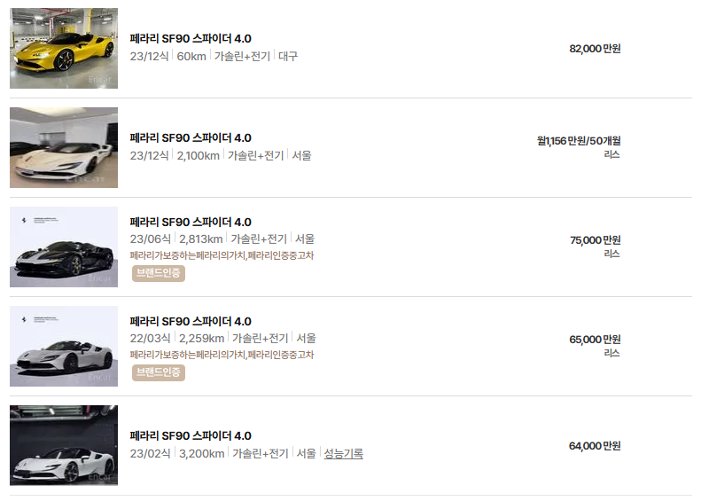 페라리 SF90 중고차 가격 시세표 유지비
