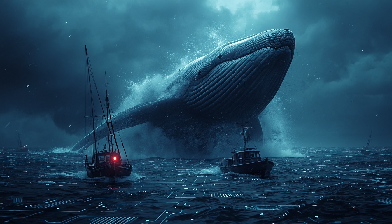 A conceptual image of a whale attacking boats in a stormy digital ocean.