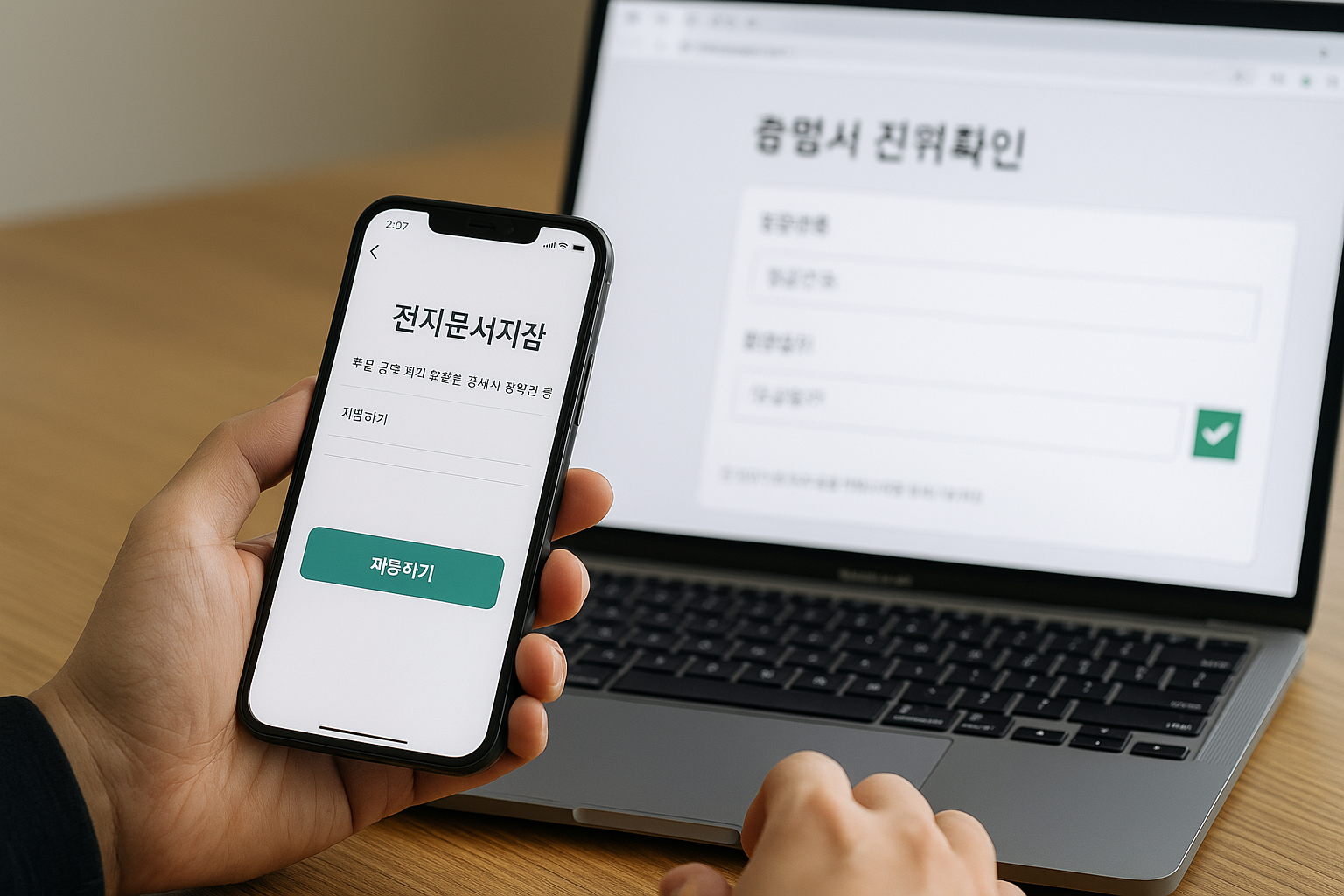 전자문서지갑 제출 화면과 법원 증명서 진위확인 페이지 흐름