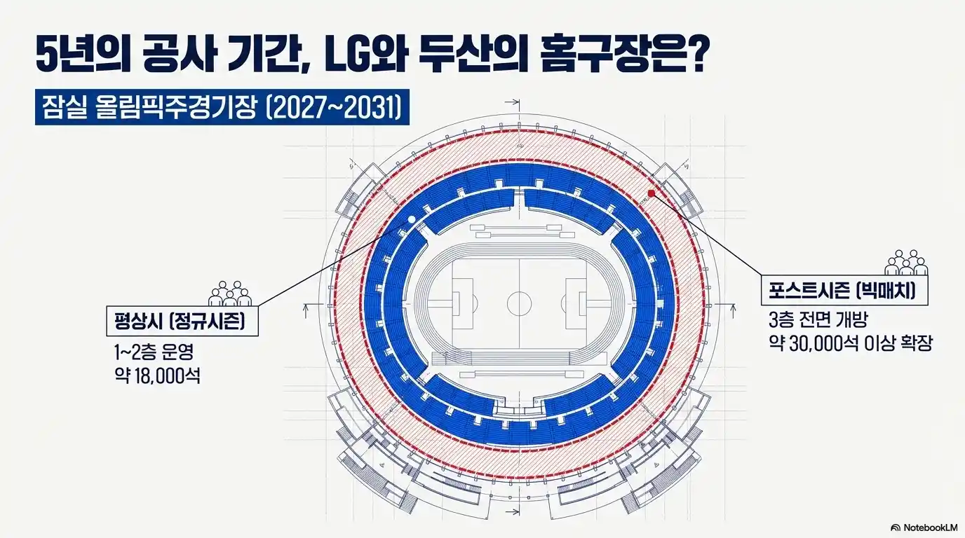 잠실야구장 공사 기간 동안 LG와 두산의 임시 홈구장 운영 계획과 좌석 배치 안내